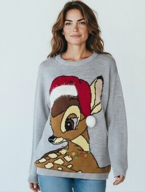 Disney Bambi Christmas Sweater Women’s Small Gray Santa Hat Holiday Novelty